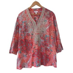 Charter Club Floral Paisley Blouse XL Orange Red Embroidered 3/4 Sleeves Boho